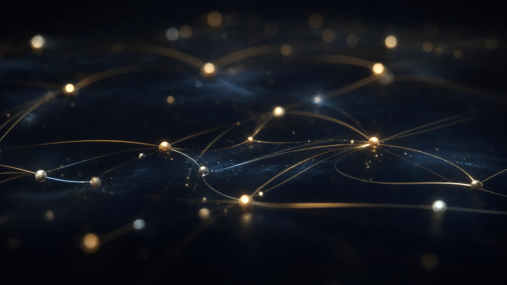 Abstract visualization of an intelligent network with warm gold and platinum nodes on charcoal
