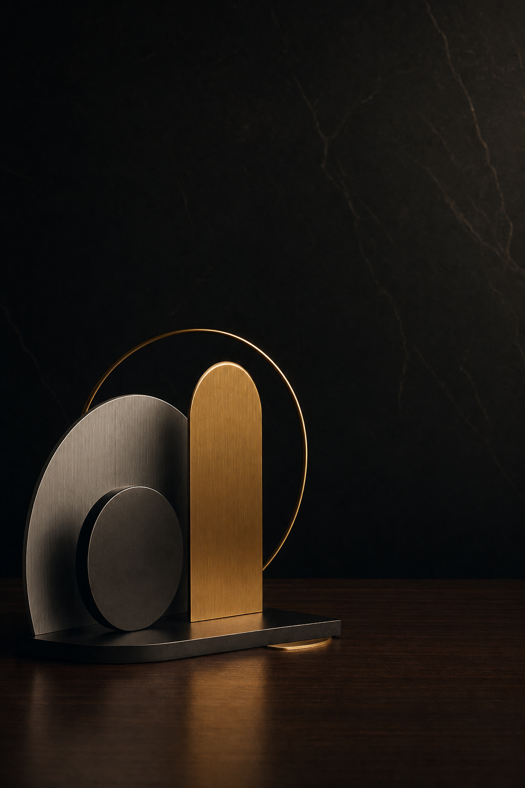 Sculptural study of polished graphite, brushed aluminum and warm gold representing premium craftsmanship